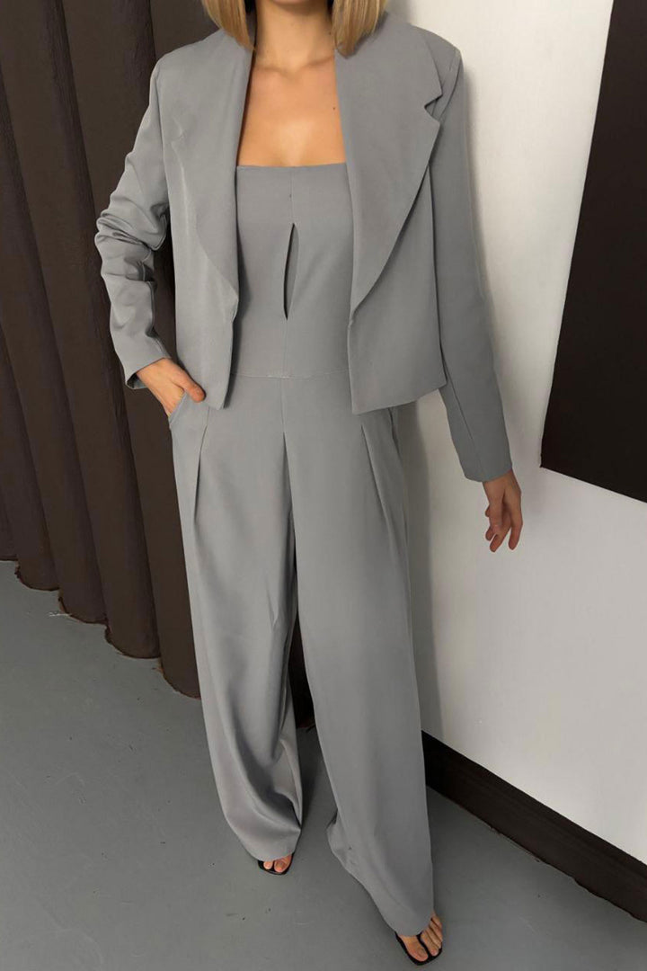 Gray Woven Jacket and Strapless Jumpsuit with Double Pockets Set BCHN-254004 - Friedrichshafen