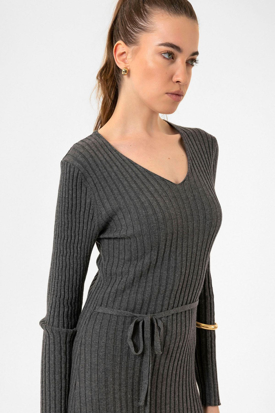 ANT Antioch Gray Women's Ribbed Midi Knit Dress - Channelview