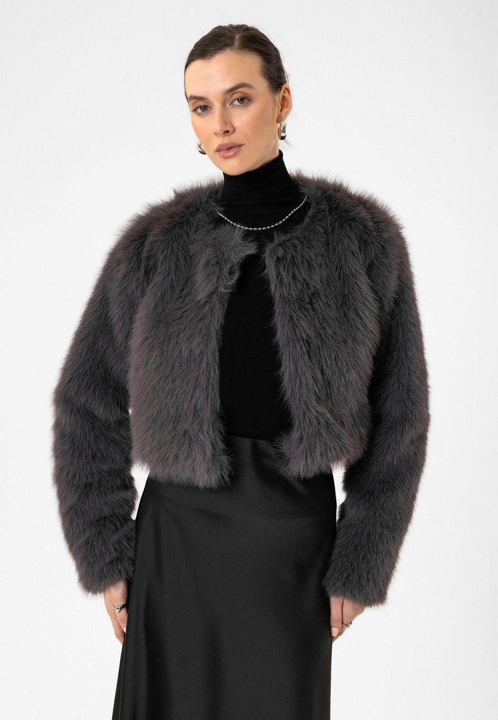 ANT Antioch Gri Kadın Suni Kürk Crop Ceket - Santiago Tuxtla