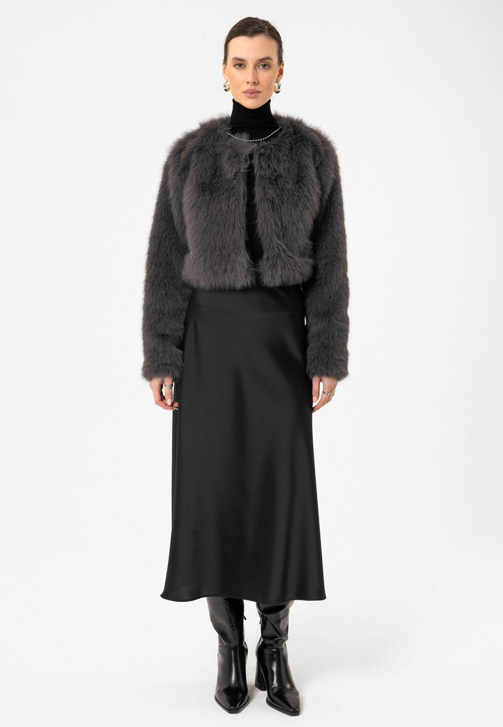 ANT Antioch Gri Kadın Suni Kürk Crop Ceket - Santiago Tuxtla