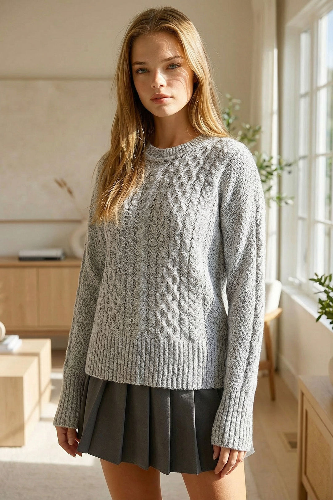 Gray Thick Knitted Patterned Sweater with Bicycle Neck BCHPK-251250 - Cwmbran