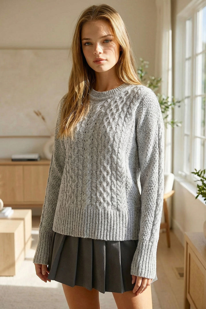 Gray Thick Knitted Patterned Sweater with Bicycle Neck BCHPK-251250 - Cwmbran