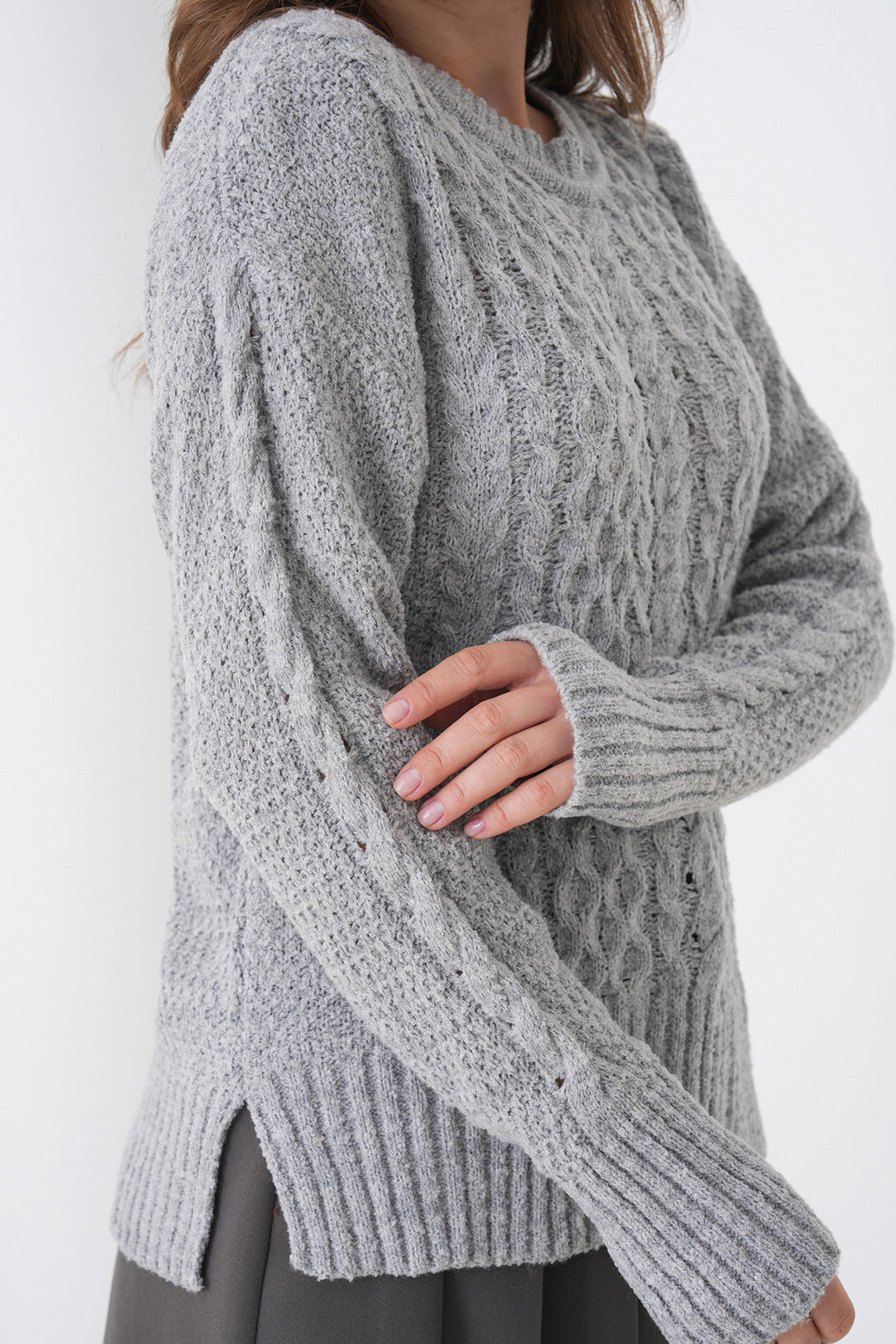 Gray Thick Knitted Patterned Sweater with Bicycle Neck BCHPK-251250 - Cwmbran