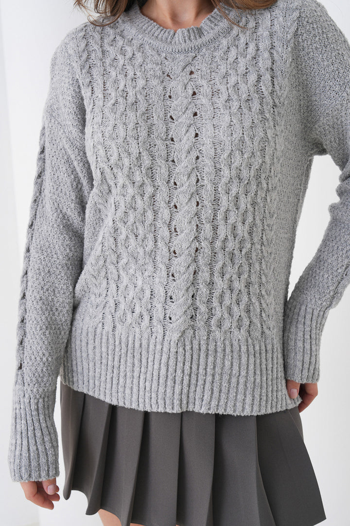 Gray Thick Knitted Patterned Sweater with Bicycle Neck BCHPK-251250 - Cwmbran
