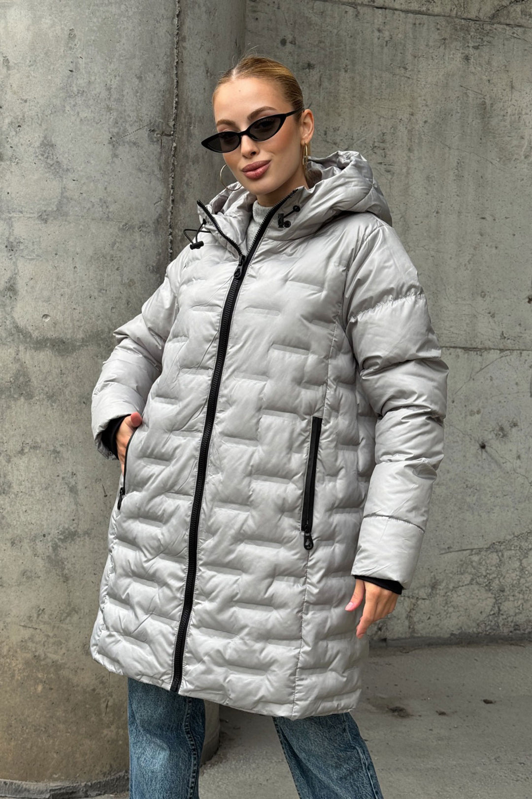 Gray Quilted Zippered Hooded Long Puffer Jacket BCVL-254200 - Berkeley