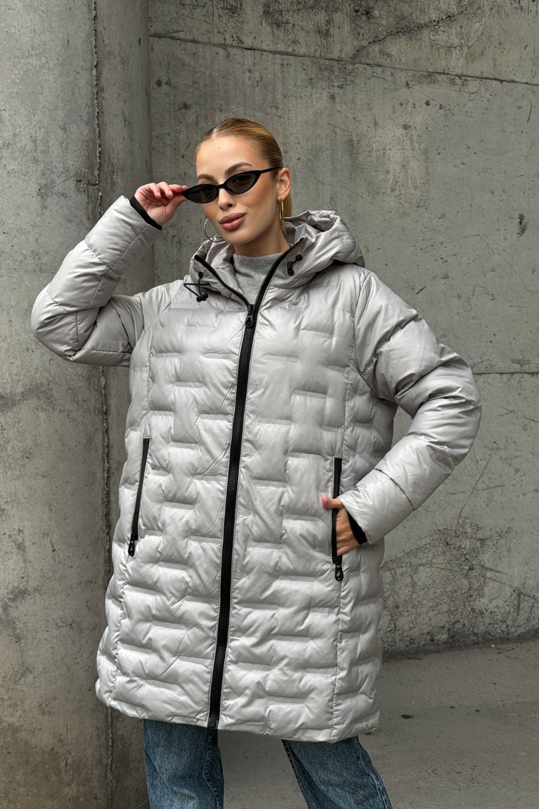 Gray Quilted Zippered Hooded Long Puffer Jacket BCVL-254200 - Berkeley