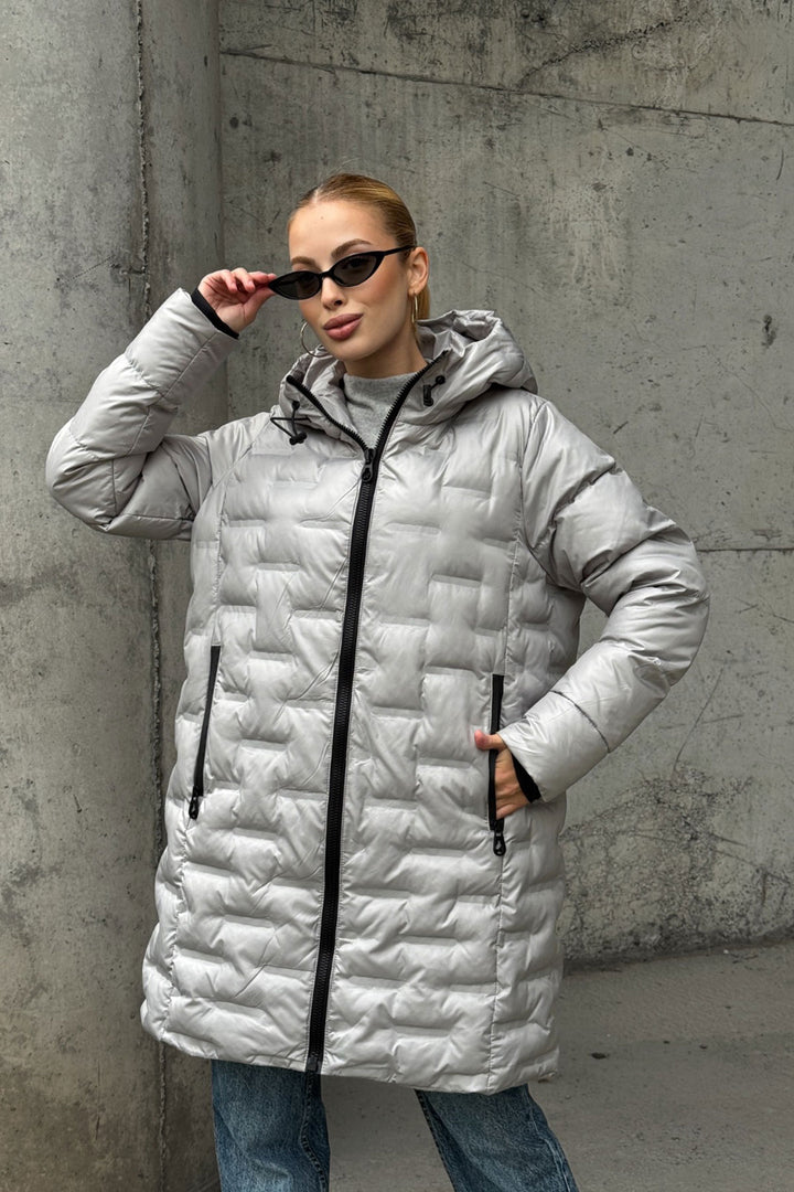 Gray Quilted Zippered Hooded Long Puffer Jacket BCVL-254200 - Berkeley