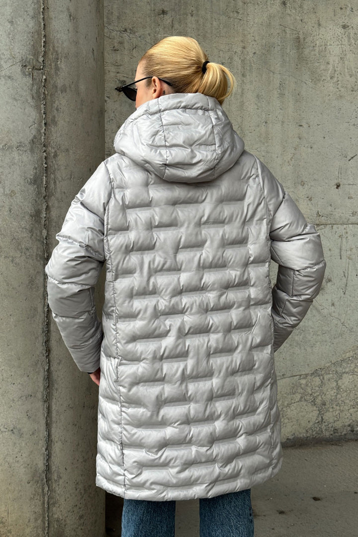 Gray Quilted Zippered Hooded Long Puffer Jacket BCVL-254200 - Berkeley
