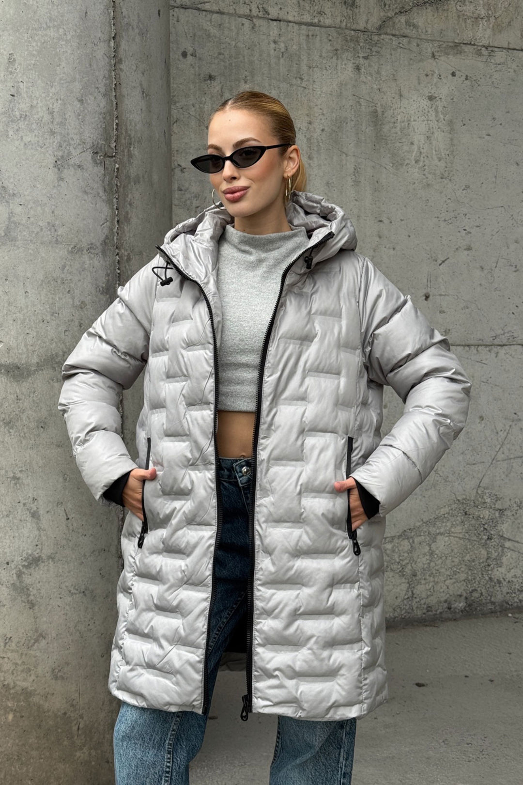 Gray Quilted Zippered Hooded Long Puffer Jacket BCVL-254200 - Berkeley