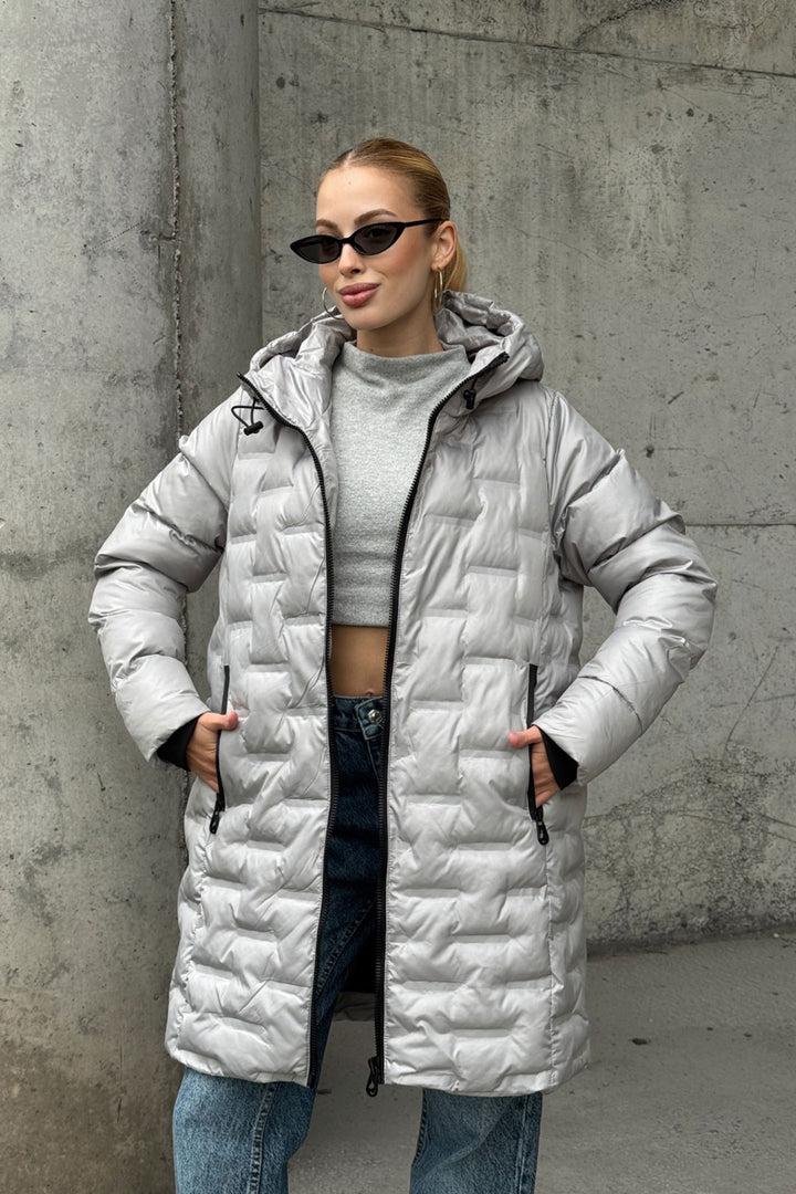 Gray Quilted Zippered Hooded Long Puffer Jacket BCVL-254200 - Berkeley