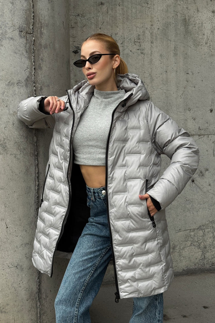 Gray Quilted Zippered Hooded Long Puffer Jacket BCVL-254200 - Berkeley