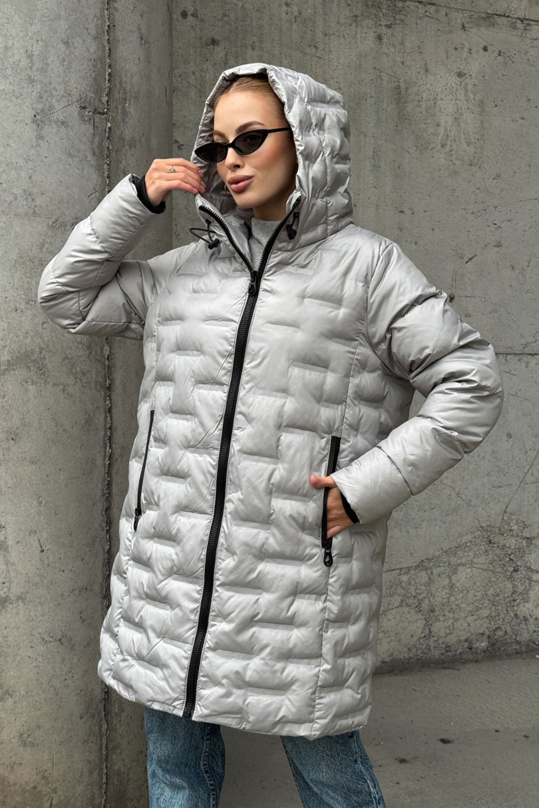 Gray Quilted Zippered Hooded Long Puffer Jacket BCVL-254200 - Berkeley