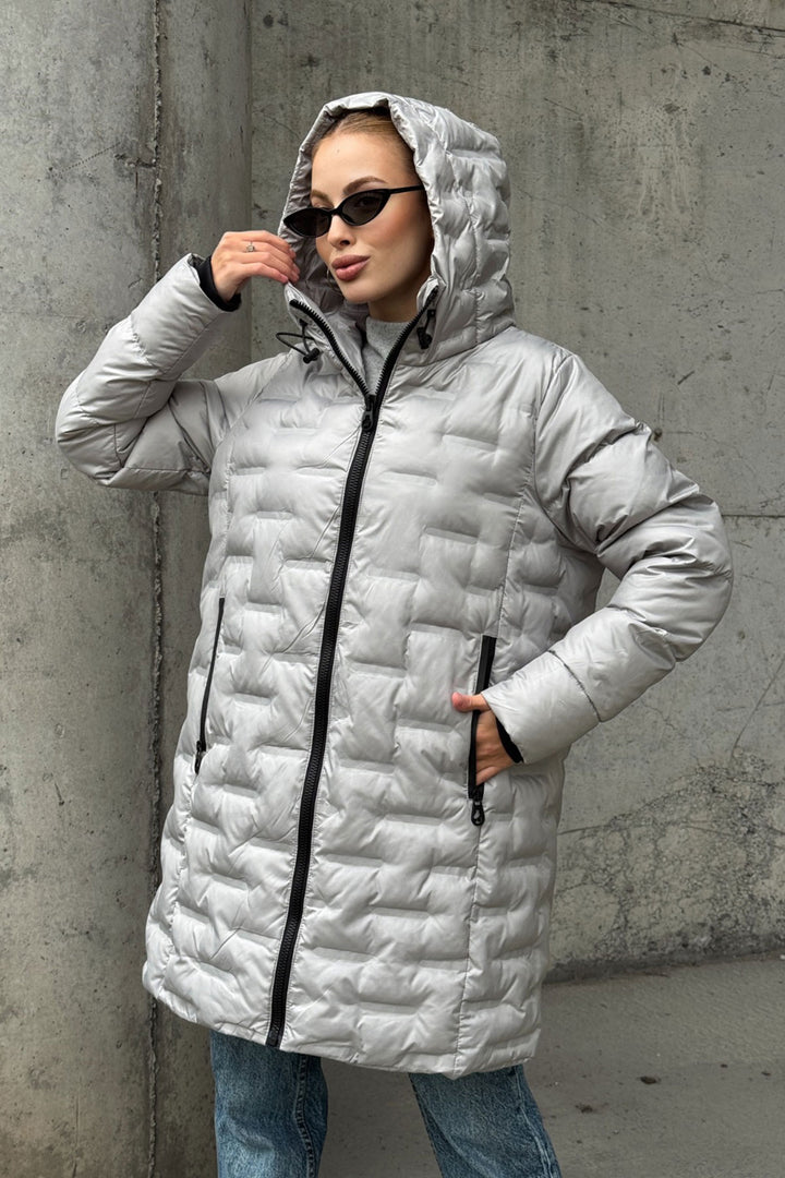 Gray Quilted Zippered Hooded Long Puffer Jacket BCVL-254200 - Berkeley