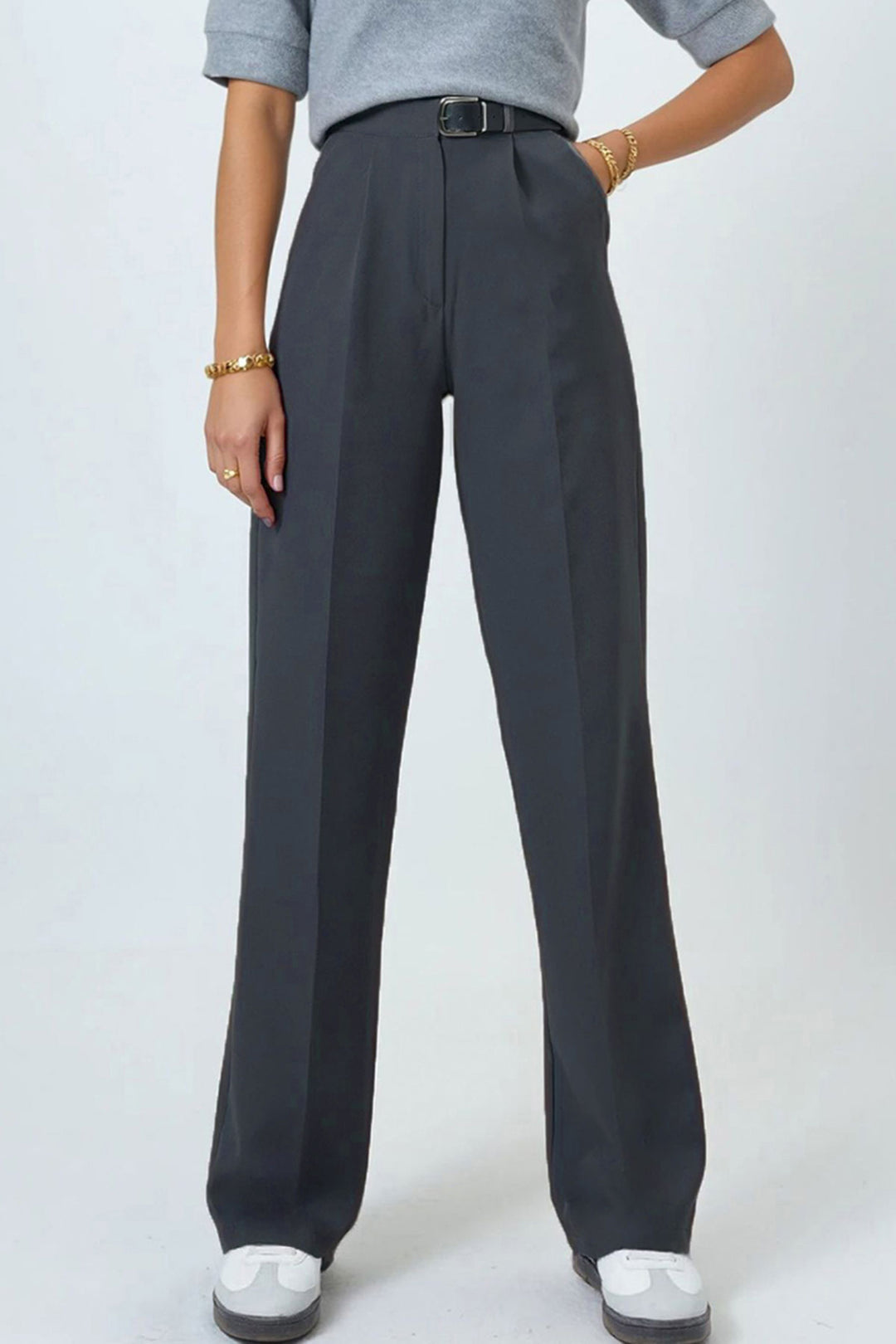 Gray Belted Button Closure Palazzo Pants with Double Pockets BCHAV-251230 - Frechen