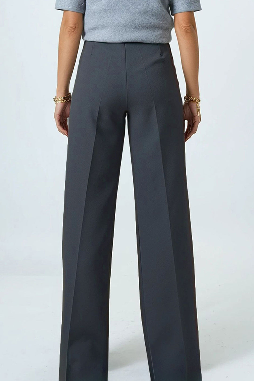 Gray Belted Button Closure Palazzo Pants with Double Pockets BCHAV-251230 - Frechen
