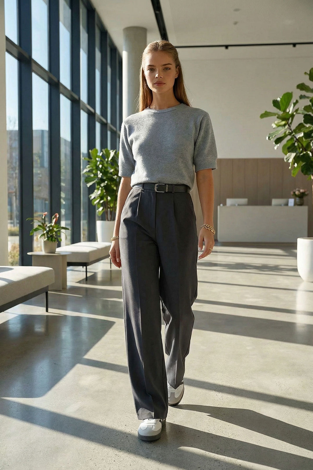 Gray Belted Button Closure Palazzo Pants with Double Pockets BCHAV-251230 - Frechen
