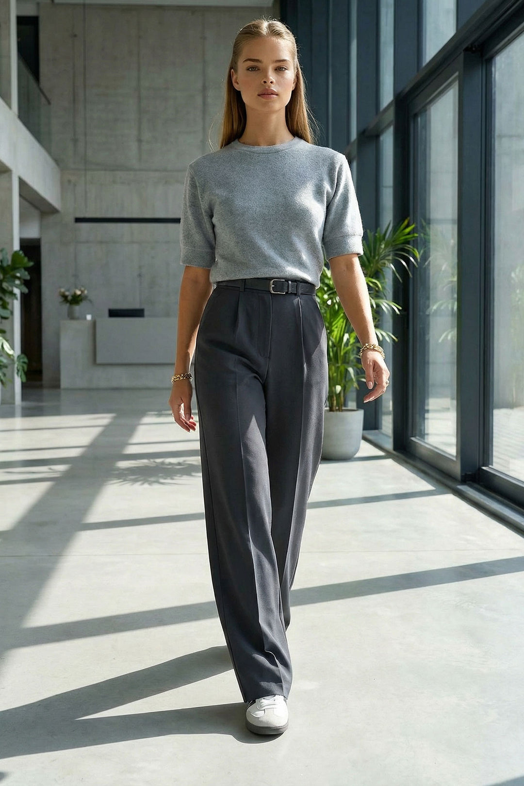 Gray Belted Button Closure Palazzo Pants with Double Pockets BCHAV-251230 - Frechen
