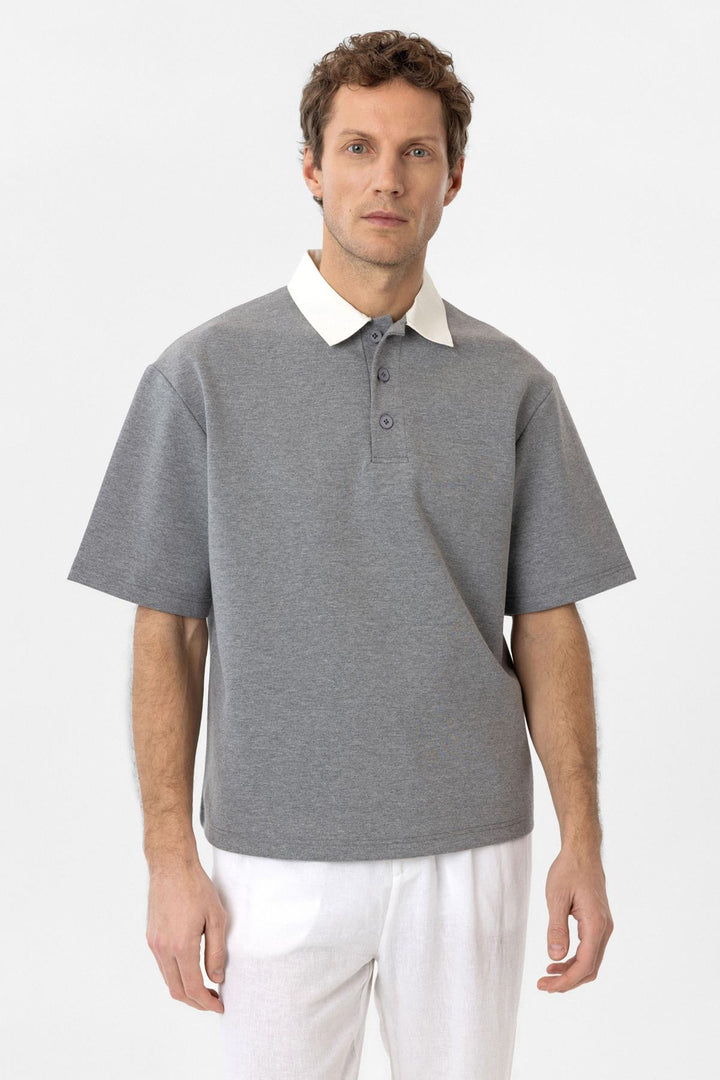 ANT Antioch Gray Contrast Collar Interlock Textured Men's T-Shirt - Odenton