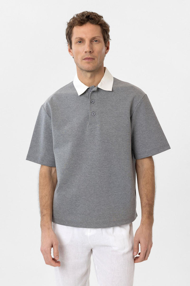 ANT Antioch Gray Contrast Collar Interlock Textured Men's T-Shirt - Odenton