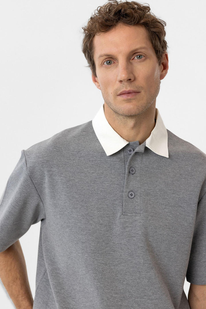 ANT Antioch Gray Contrast Collar Interlock Textured Men's T-Shirt - Los Angeles