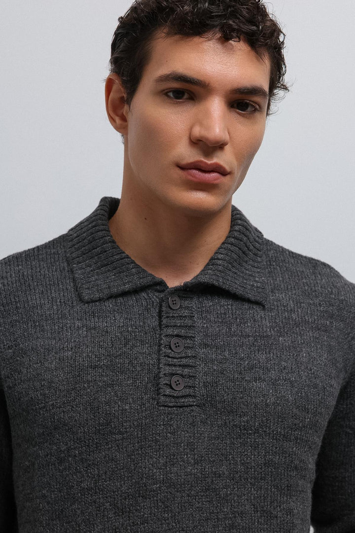 ANT Antioch Gray Melange Buttoned Collar Men's Sweater - Capannori