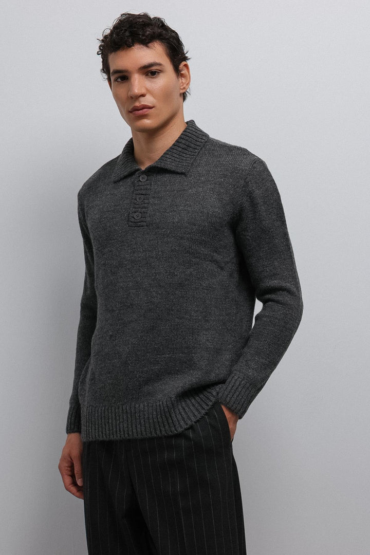 ANT Antioch Gray Melange Buttoned Collar Men's Sweater - Capannori