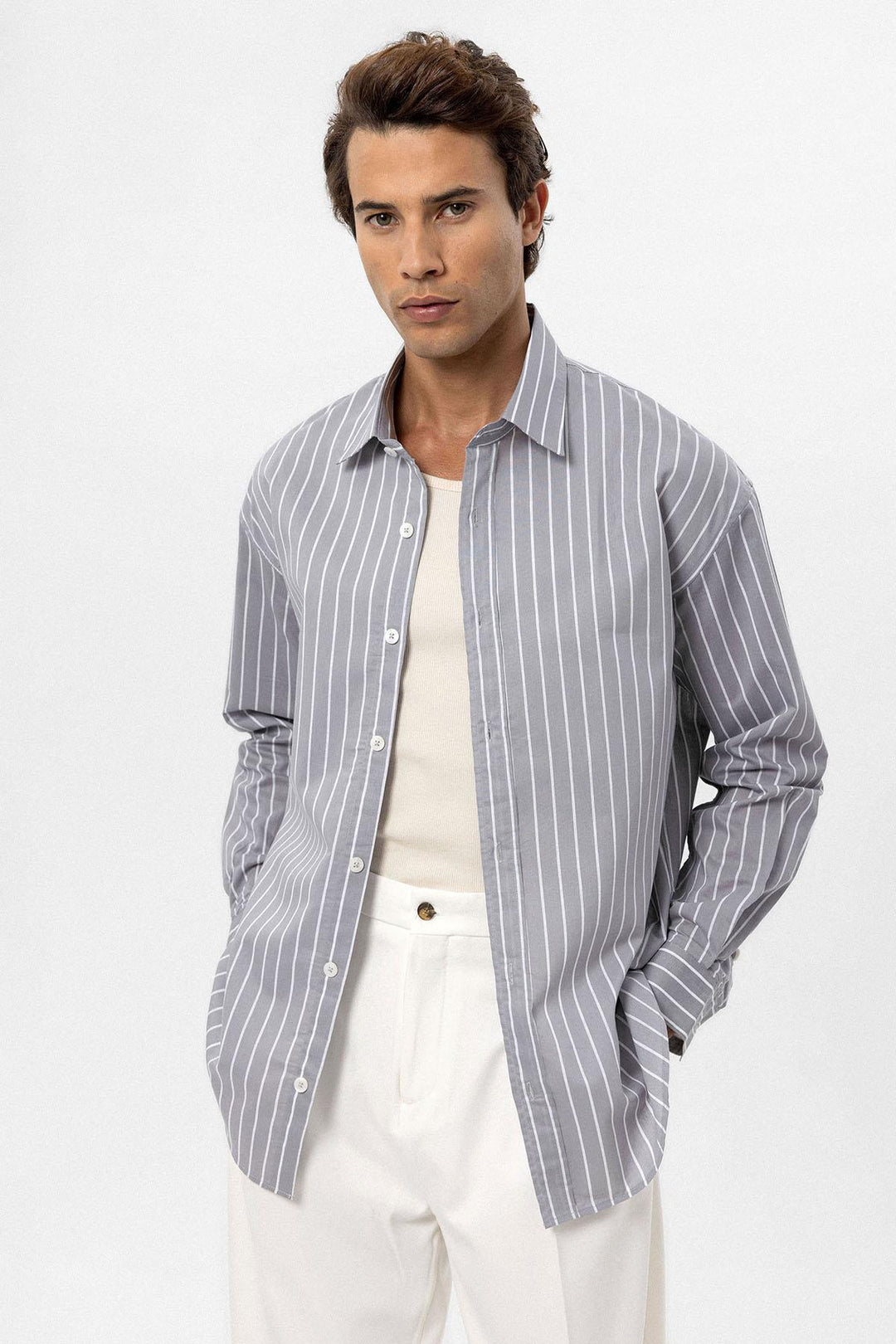 ANT Antioch Gray Oversized Striped Men's Shirt - Ternopil