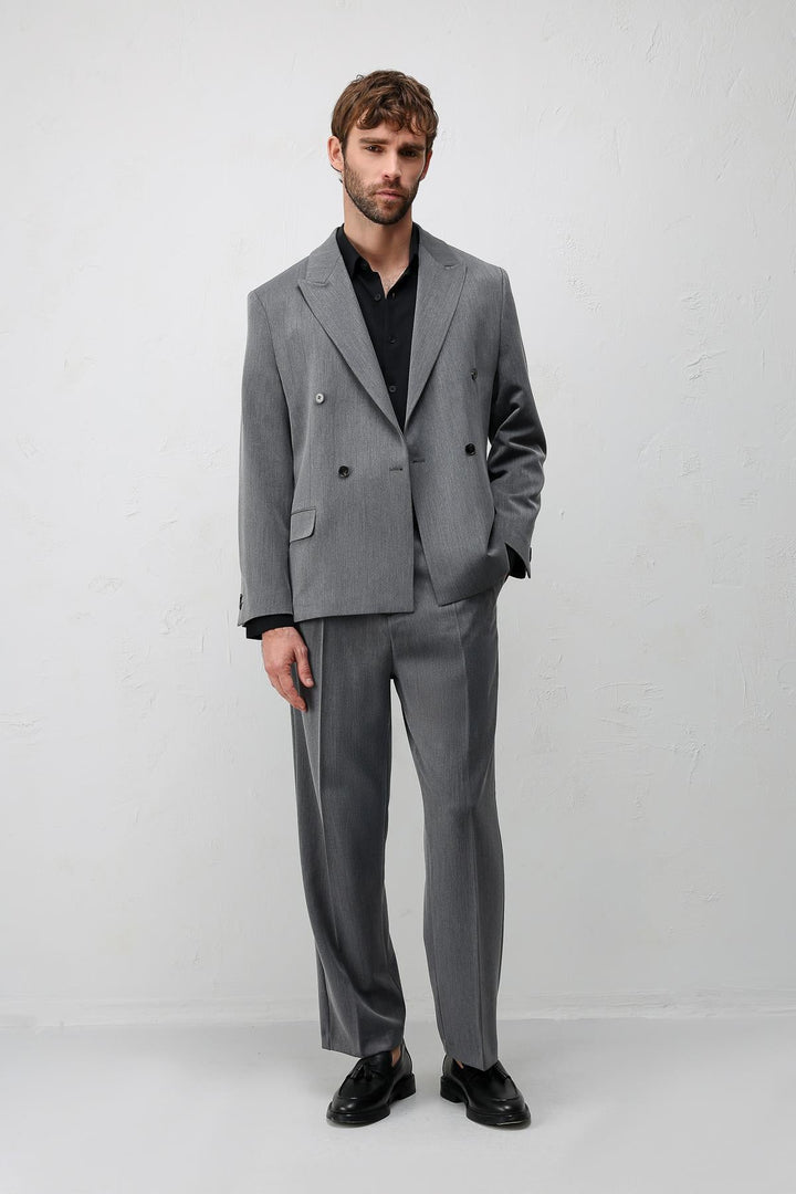 ANT Antioch Gri Relax Fit Kruvaze Erkek Blazer Ceket - New Rochelle