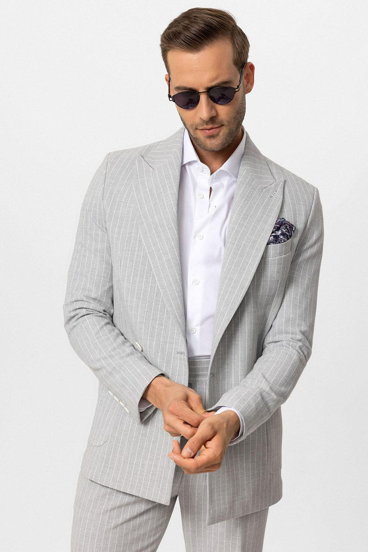 ANT Antioch Gray Single Button Double Breasted Striped Men's Blazer Jacket - Maricopa
