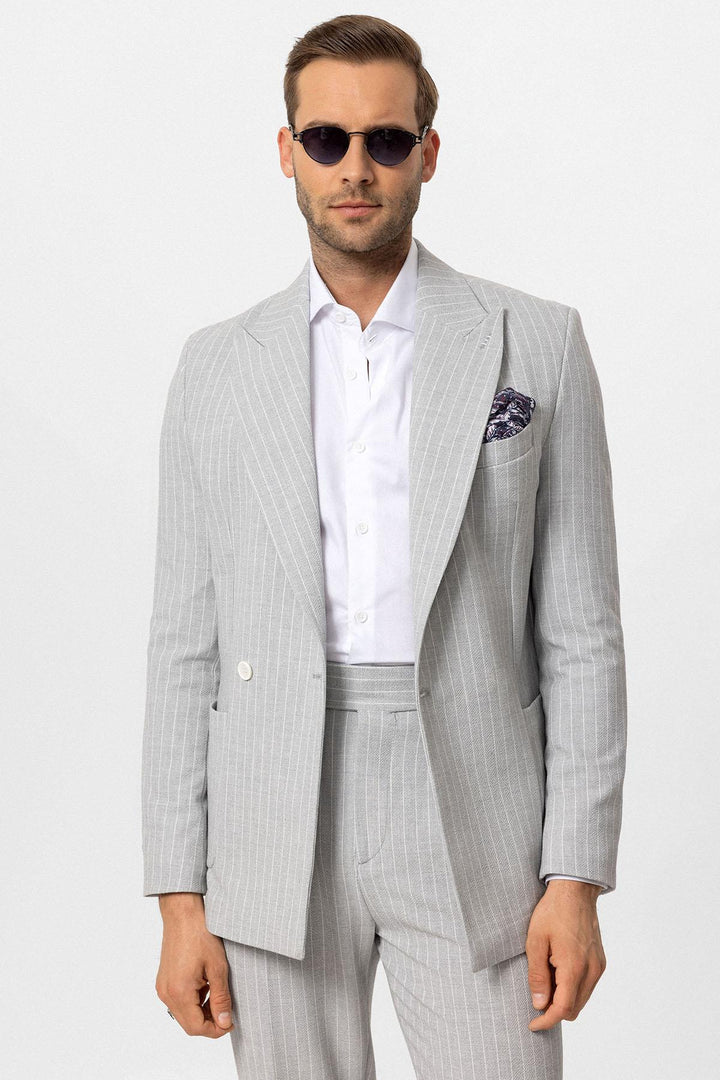 ANT Antioch Gray Single Button Double Breasted Striped Men's Blazer Jacket - Maricopa