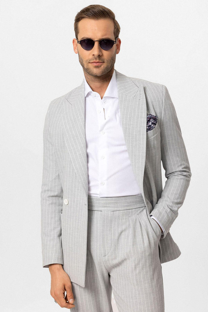 ANT Antioch Gray Single Button Double Breasted Striped Men's Blazer Jacket - Maricopa