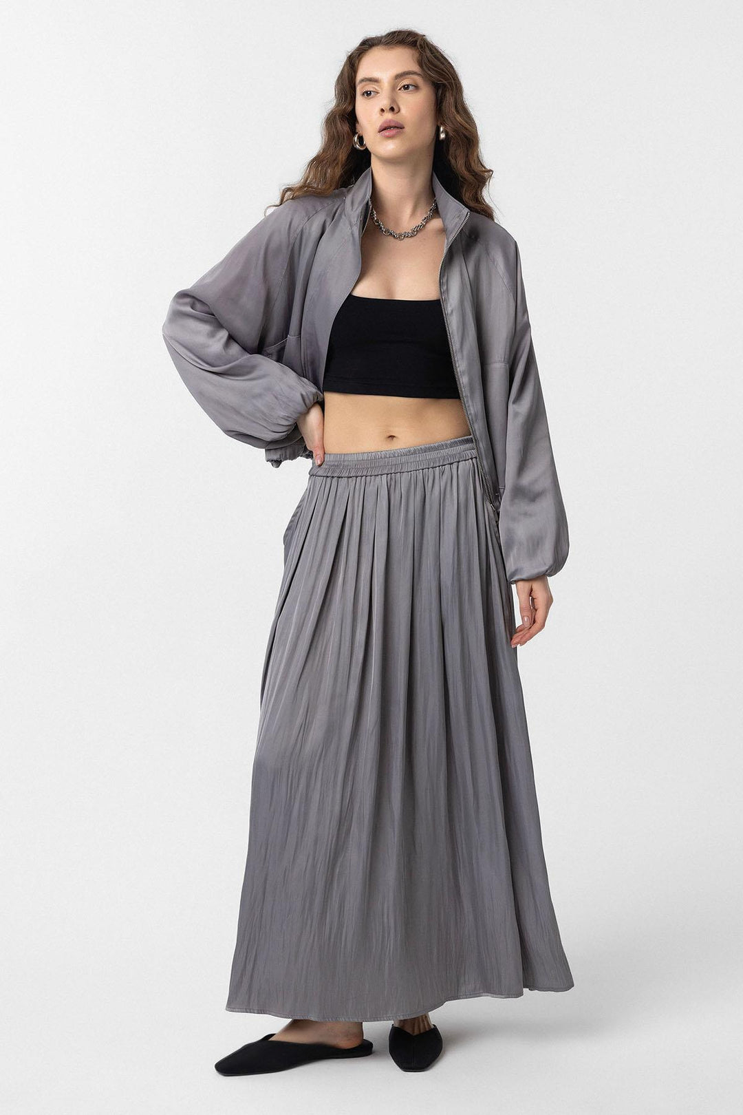 ANT Antioch Gri Uzun Dökümlü Pilili Kadın Etek - Sayreville