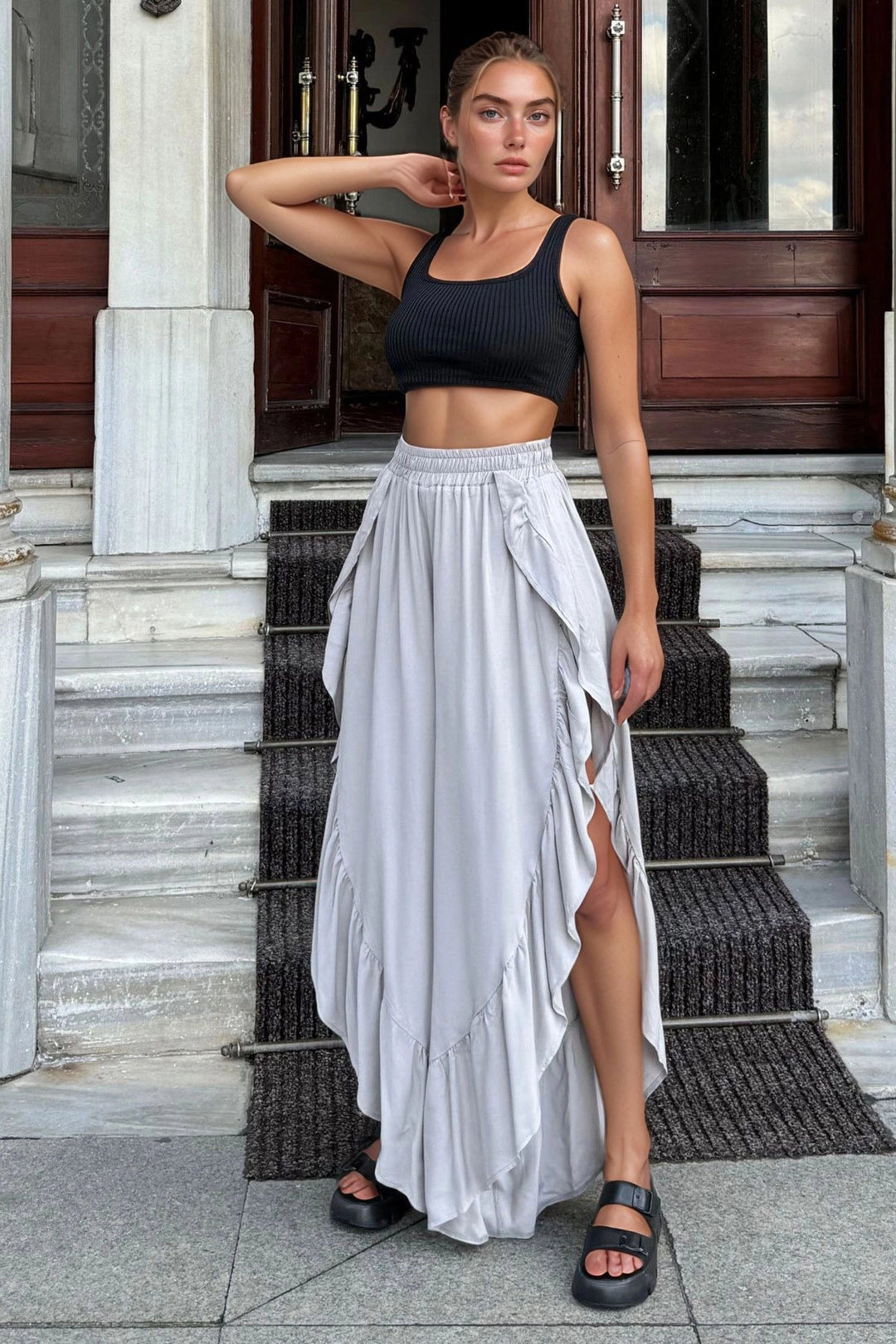 Gray Side Ruffled Slit Elastic Waist Loose Fit Baggy Pants BCBSK-25700-3635 - Hot Springs
