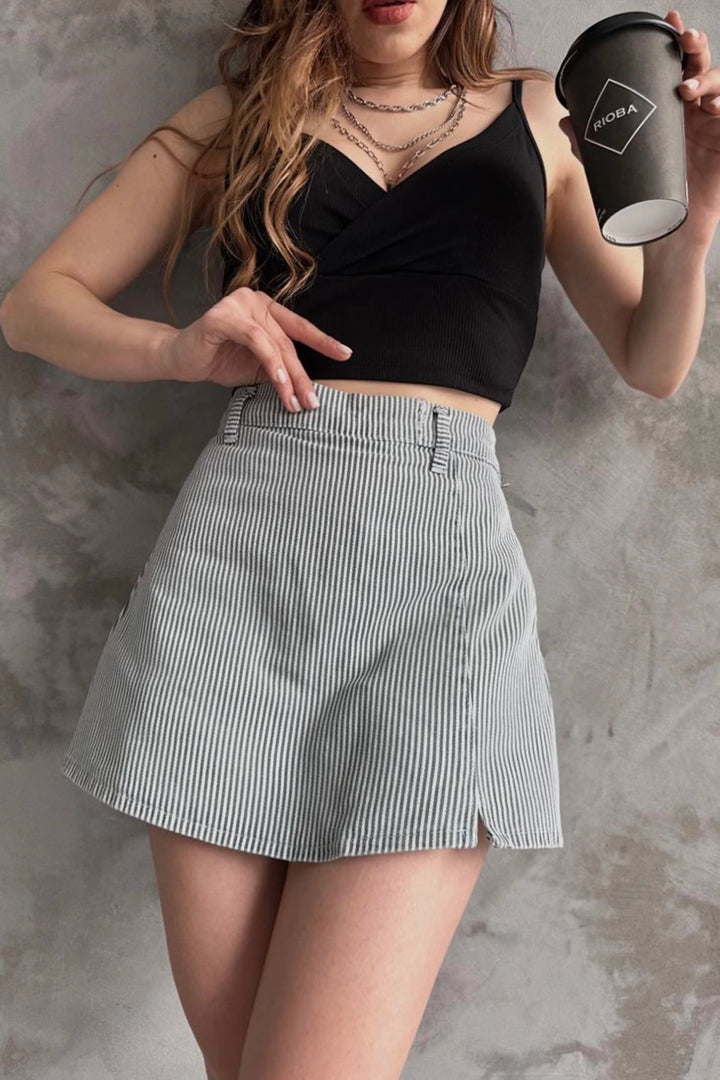 Gray Slit Detailed Denim Shorts Skirt BCDF-243309 - Merksem
