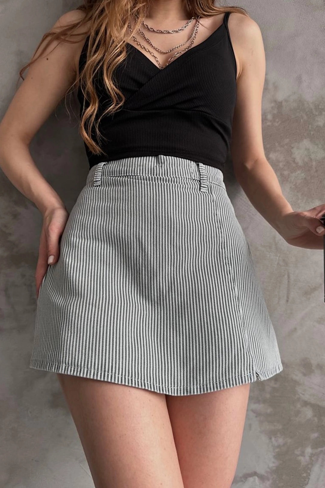 Gray Slit Detailed Denim Shorts Skirt BCDF-243309 - Merksem