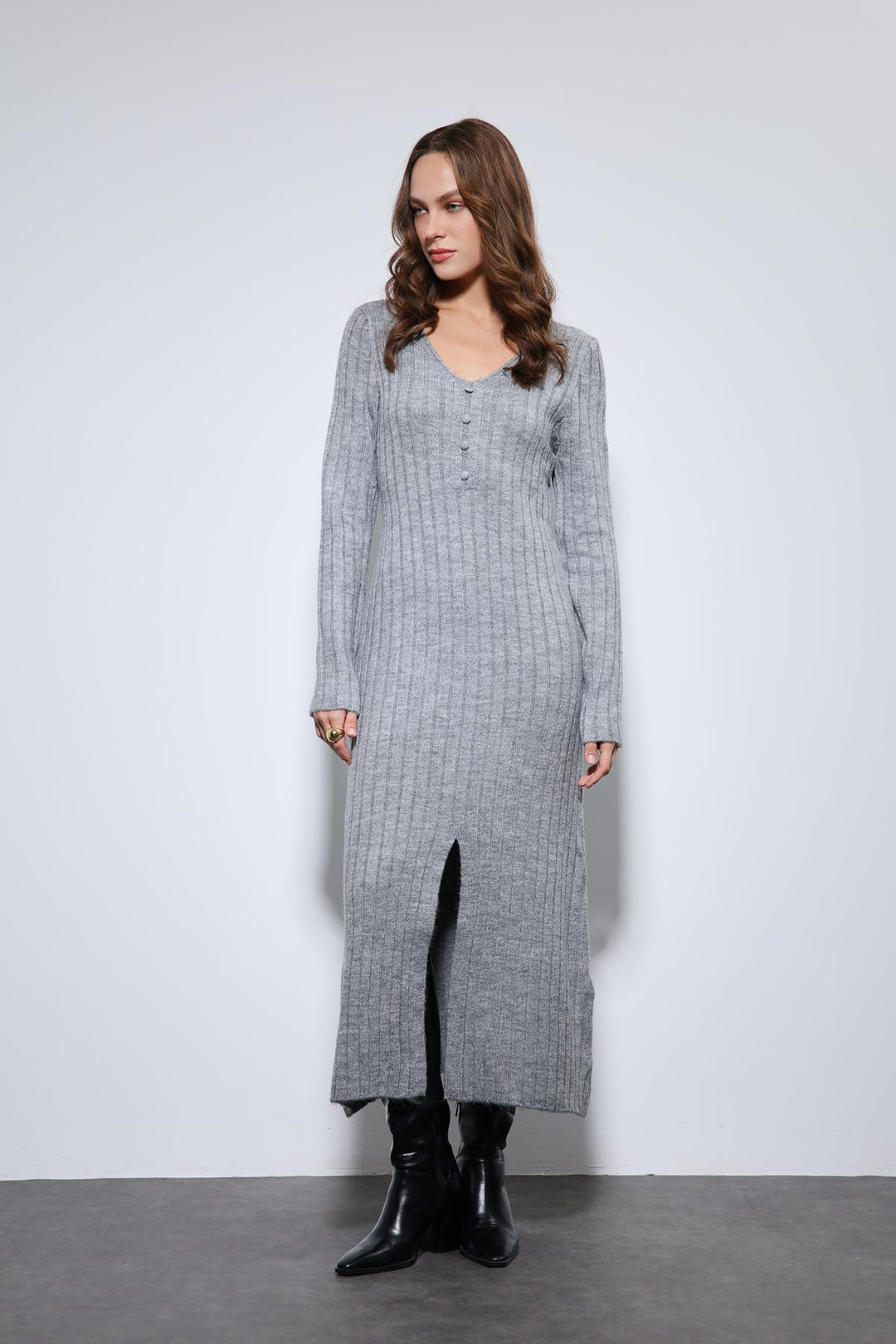 ANT Antioch Gray Slit Detailed Knit Dress - Torquay