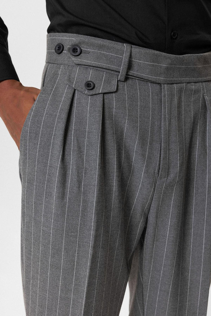 ANT Antioch Gri Yüksek Bel Pileli Çizgili Erkek Pantolon - Bilhorod-Dnistrovskyi