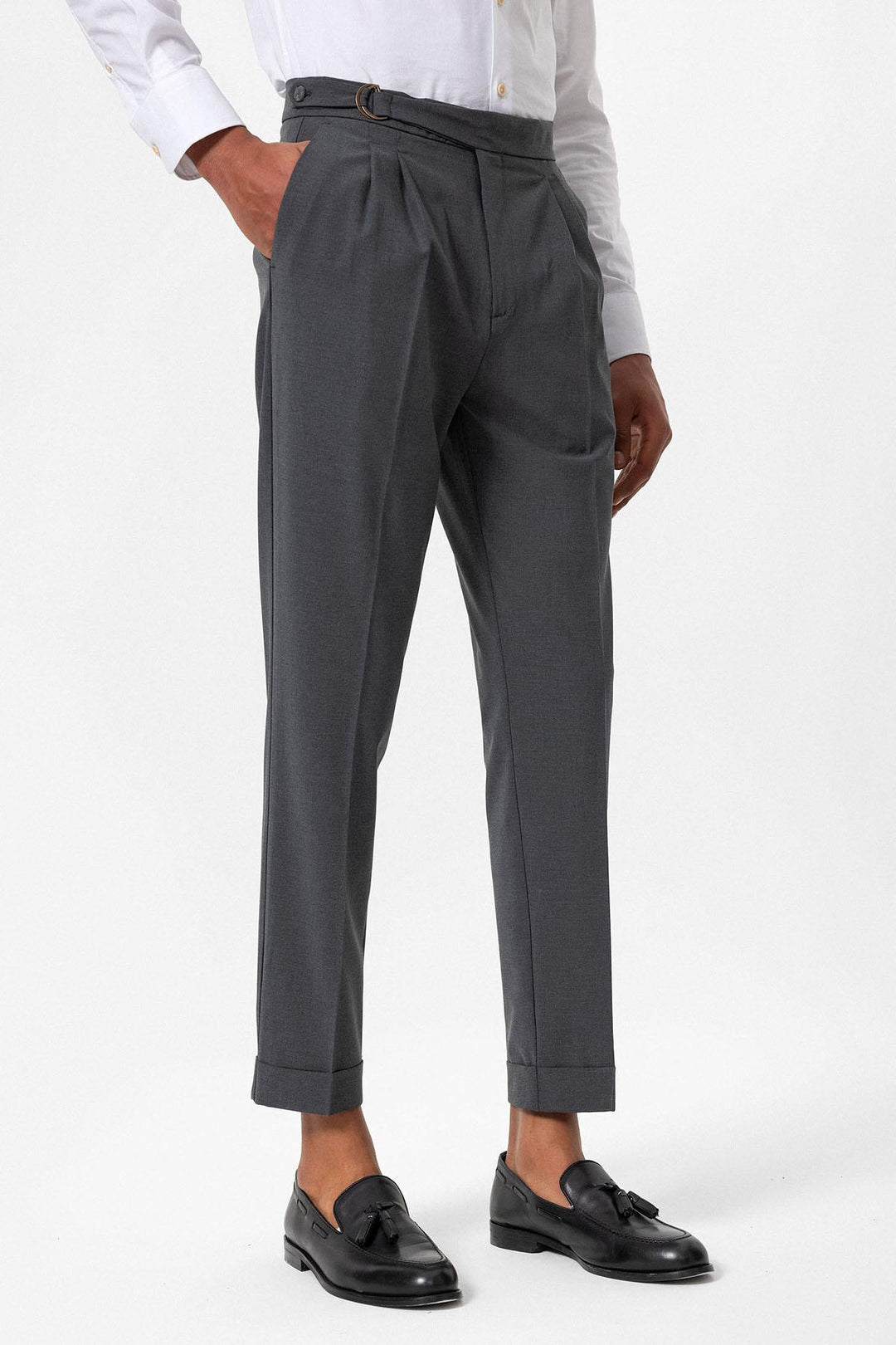 ANT Antioch Gray High Waist Buckle Closure Pleated Men's Pants - Noisy-le-Sec