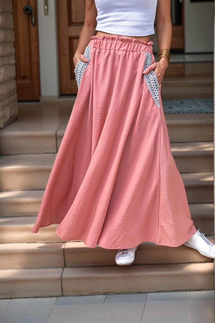 Dried Rose Pocket Straw Detailed Waist Elasticated Loose Skirt BCBSK-25700-3389 - Neunkirchen