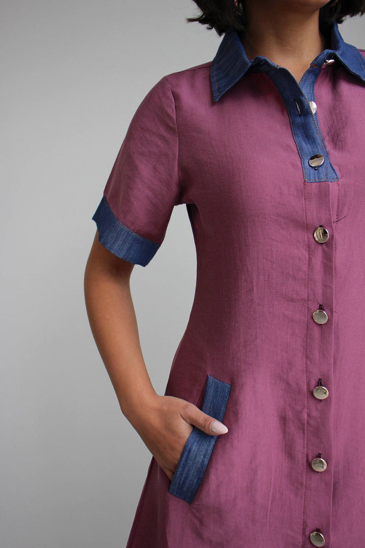 Gül Kurusu Denim Garnili Düğmeli Tensel Dokuma Elbise BCHN-2526114 - Pontevedra