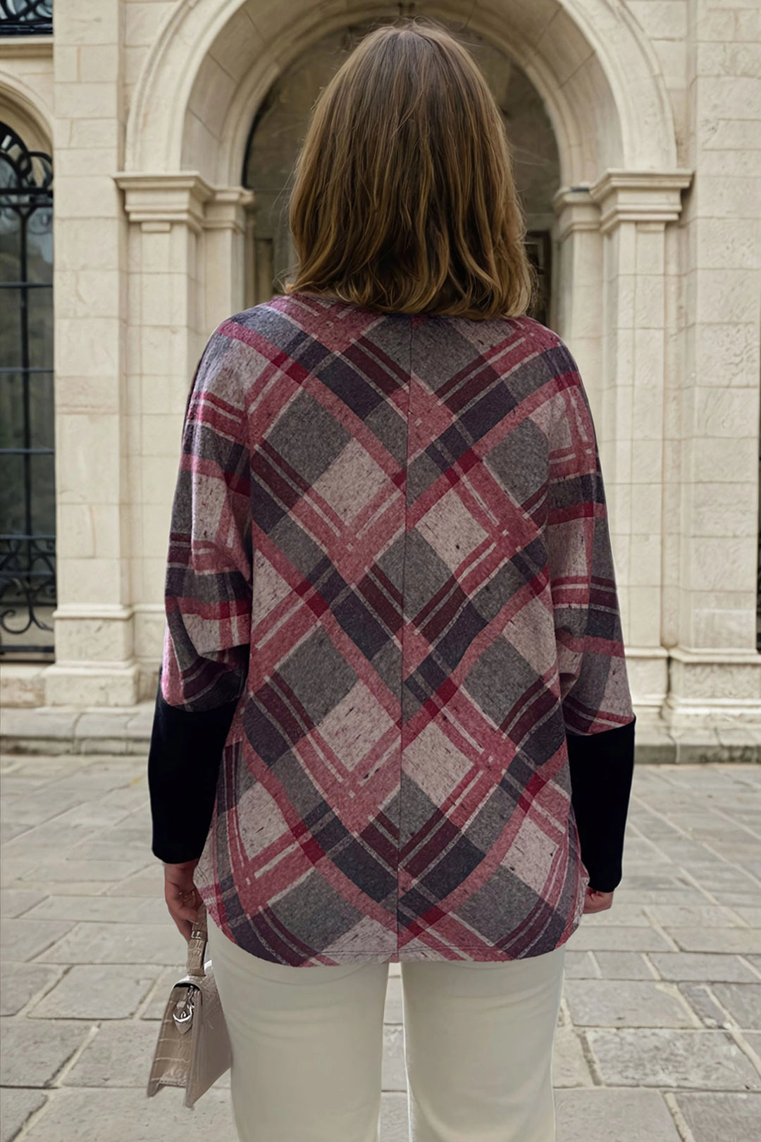 Dried Rose V-Neck Baklava Pattern Color Block Batwing Sleeve Sweater BCBSK-25700-3342 - Niagara Falls