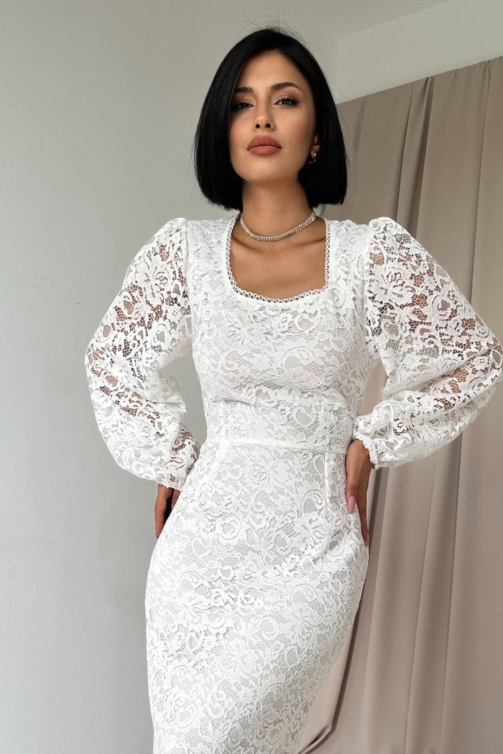 ELS Guipure Detailed Lace Dress - White - Uriangato