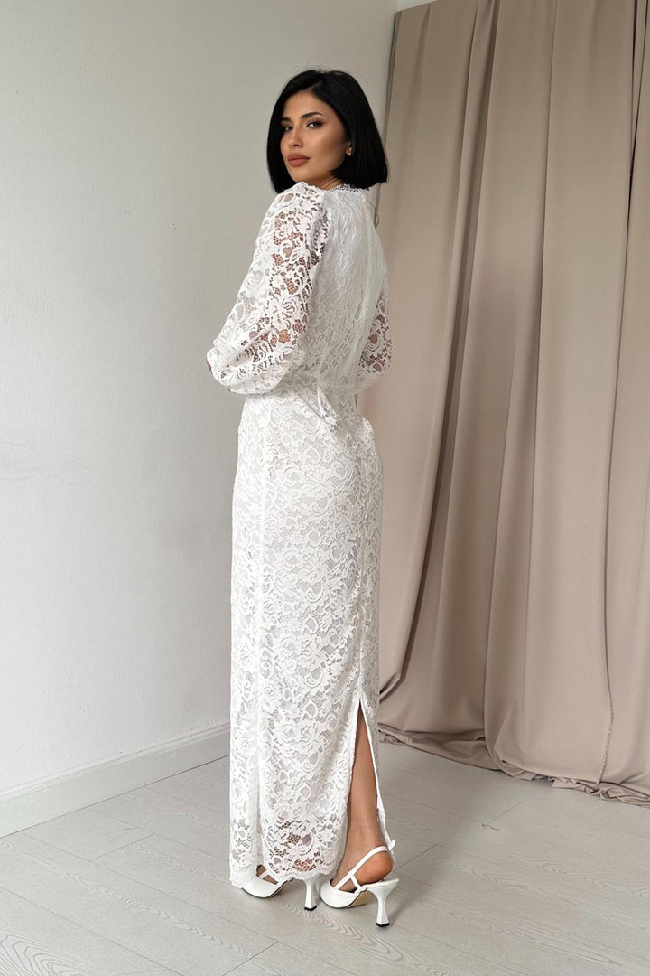 ELS Guipure Detailed Lace Dress - White - Uriangato