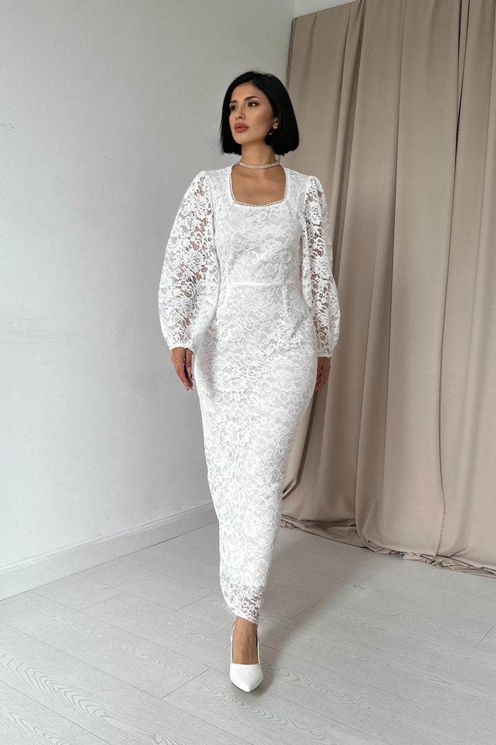 ELS Guipure Detailed Lace Dress - White - Uriangato