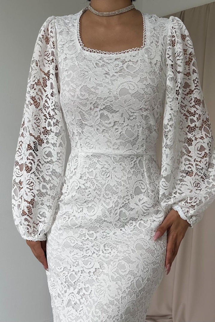 ELS Guipure Detailed Lace Dress - White - Uriangato
