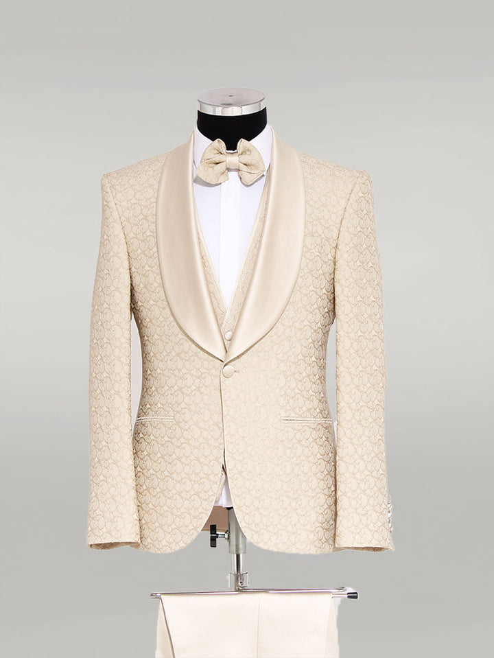 WSS 3-Piece Textured Satin Lapel Champagne Men's Tuxedo with Bow Tie - Saint-Chamond