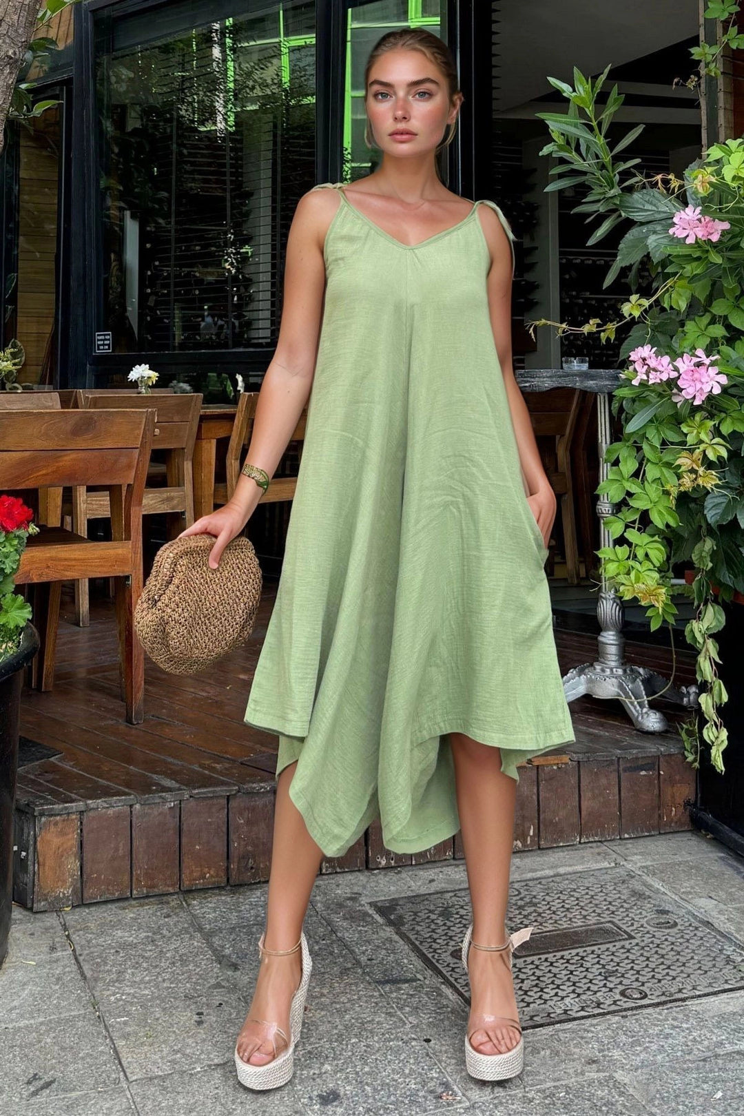 Haki Strap Asymmetric Pocketed Loose Cut Muslin Baggy Jumpsuit BCBSK-25700-3629 - Surrey