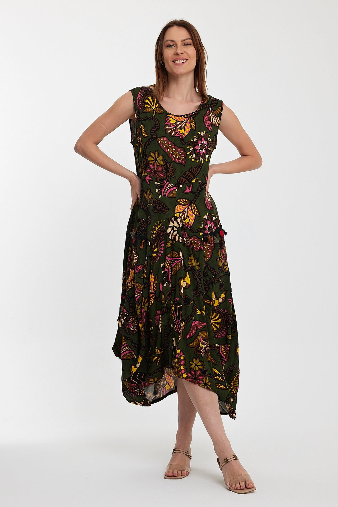 Maxi Boy Haki Bicycle Collar Double Pocket Zero Sleeve Flower Pattern Comfortable Fit Dress BCVL-242014 - Tezonapa