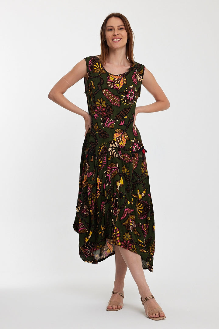 Maxi Boy Haki Bicycle Collar Double Pocket Zero Sleeve Flower Pattern Comfortable Fit Dress BCVL-242014 - Tezonapa