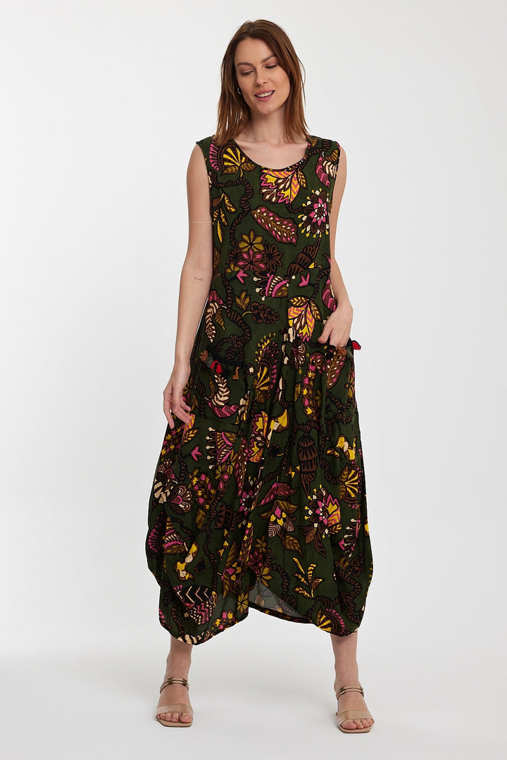 Maxi Boy Haki Bicycle Collar Double Pocket Zero Sleeve Flower Pattern Comfortable Fit Dress BCVL-242014 - Tezonapa